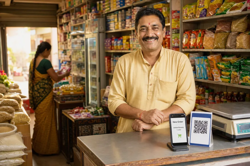 Kirana store owner taking order on phone